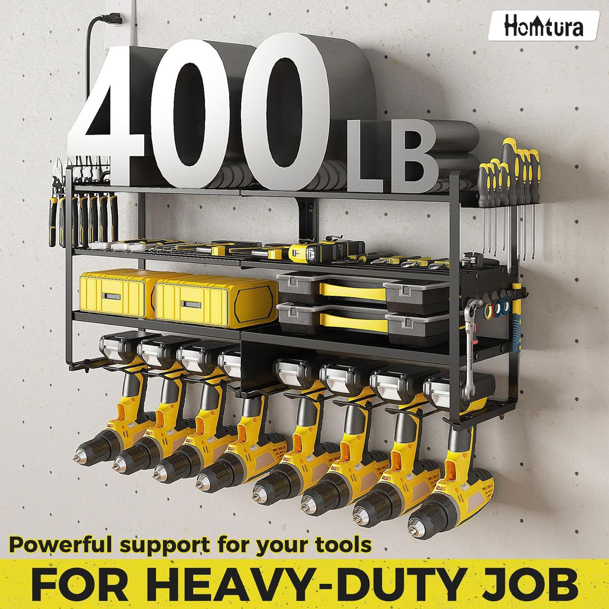 ‌Heavy Duty 4-Layer Power Tool Organizer Wall Mount with 8 Outlet Power Strip- Holds 8 Cordless Drills, 400lbs Capacity Metal Garage Storage Rack‌