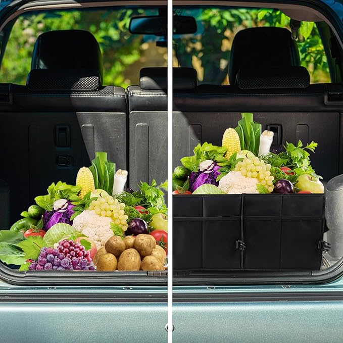 Sposuit Extra Large Trunk Organizer 98L Collapsible Car Storage Trunk Organizer with Removable Dividers & Adjustable Securing Straps for Car SUV Van
