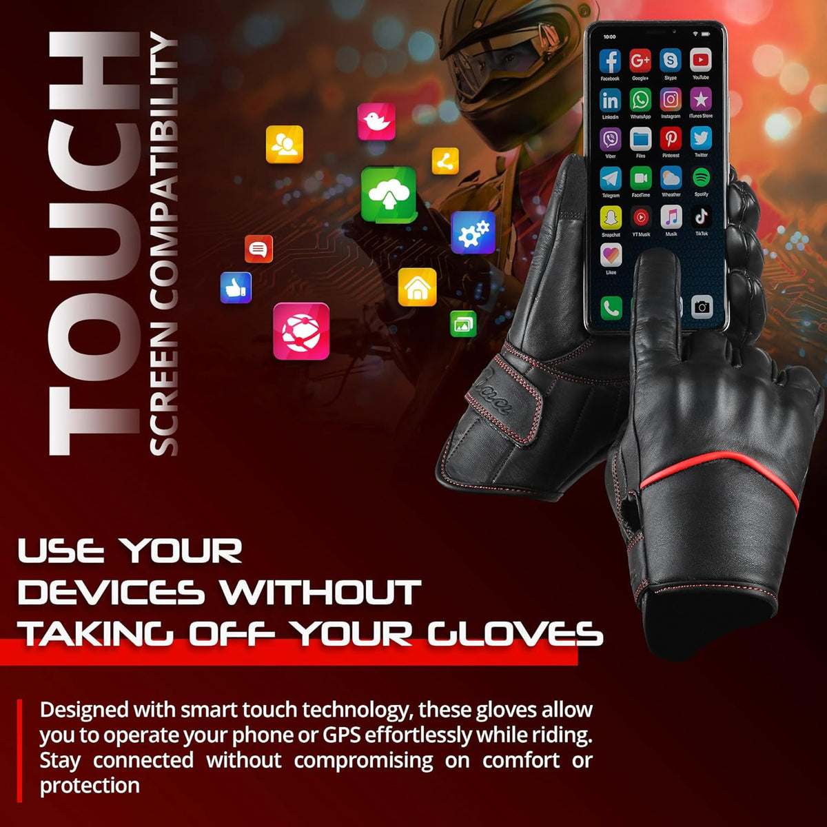aasportx Motorcycle Gloves - Men's Leather Motorbike Gloves with Touchscreen Function - Non-Slip Pads for Men & Women
