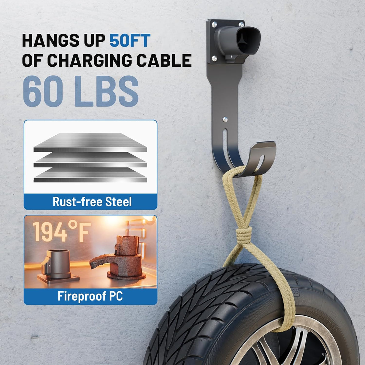 MECMO for Tesla Charger Holder - Wall Mount Dock & J-Hook for Model 3/Y/X/S, Heavy Duty Steel EV Charging Cord Hanger Compatible with NACS Connector