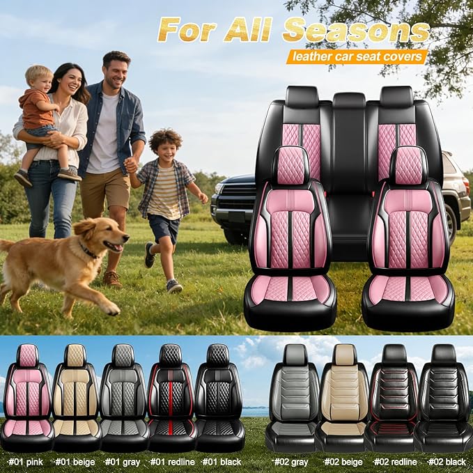 Fit Malibu Car Seat Covers for Chevrolet/Chevy Malibu 2009-2025, Full Coverage Leather, Airbag Compatible, Waterproof All Weather Breathable Seat Cushion Protector, Full Set, Black+Pink