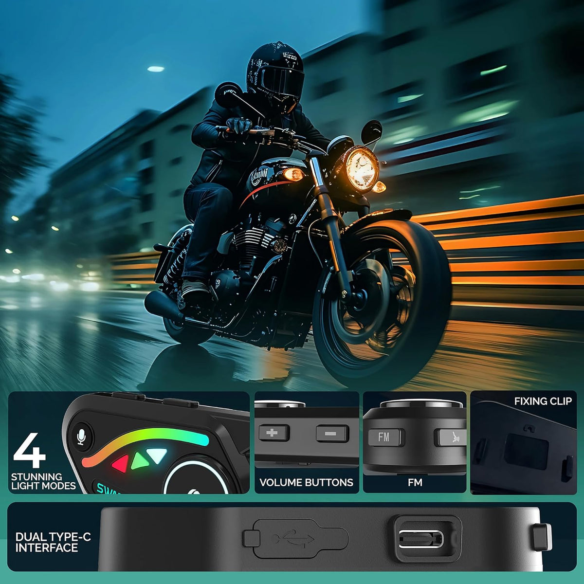 V8 Motorcycle Bluetooth Headset, Helmet Intercom with FM and Music Sharing Noise Cancelling DSP&CVC HiFi Stereo 1000M to 2000M Intercomunicador Moto (Dual Pack, 2X)