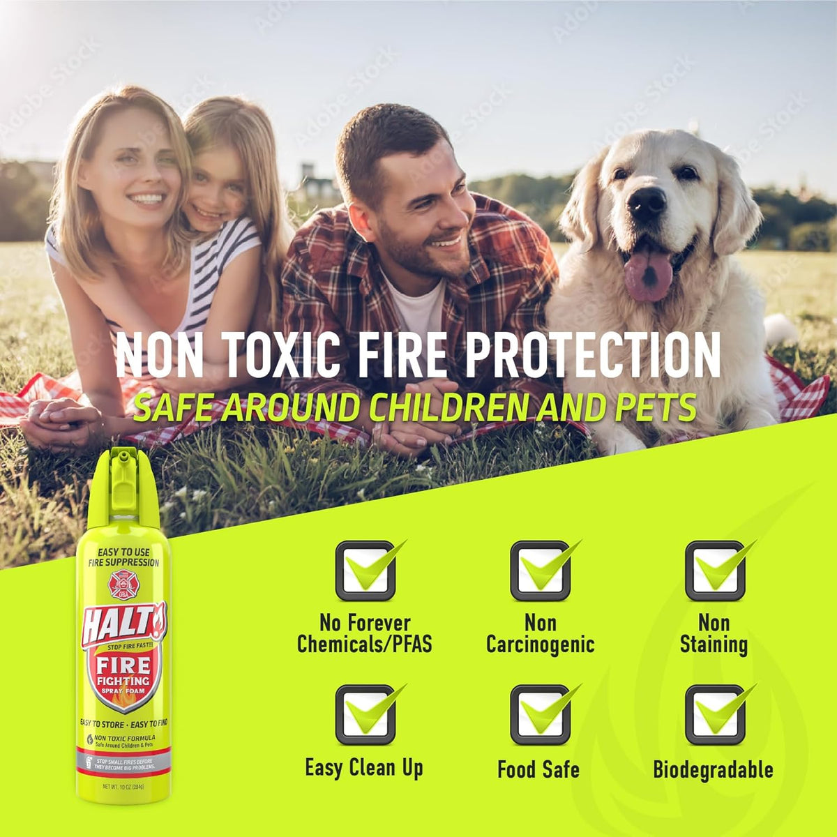 HALT! Fire Fighting Foam Spray – Non-Toxic, PFAS Free, Easy to Use, Store, and Find in Emergency – Compact & Portable – Ideal for Home, Kitchen, Apartment, Car, BBQ, Tailgate – Made in USA (2-Pack)