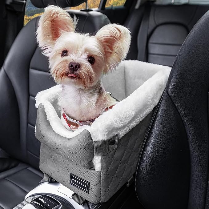 PETSFIT Center Console Dog Car Seat with Safe Protection Hooks, Pet Car Seat with Upgraded Safety Tethers, Washable Cushion, Console Dog Car Seats for Small Dogs Up to 8 Lbs (Grey)