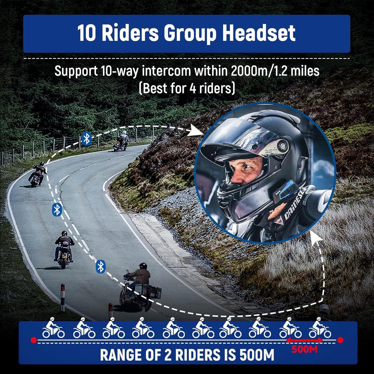 LEXIN B4FM Motorcycle Bluetooth Headset, 10 Riders Helmet Bluetooth Intercom, Universal IP67 Communication Systems with Music Sharing, Noise Cancellation, FM Radio, Fit for Snowmobile, 1 Pack