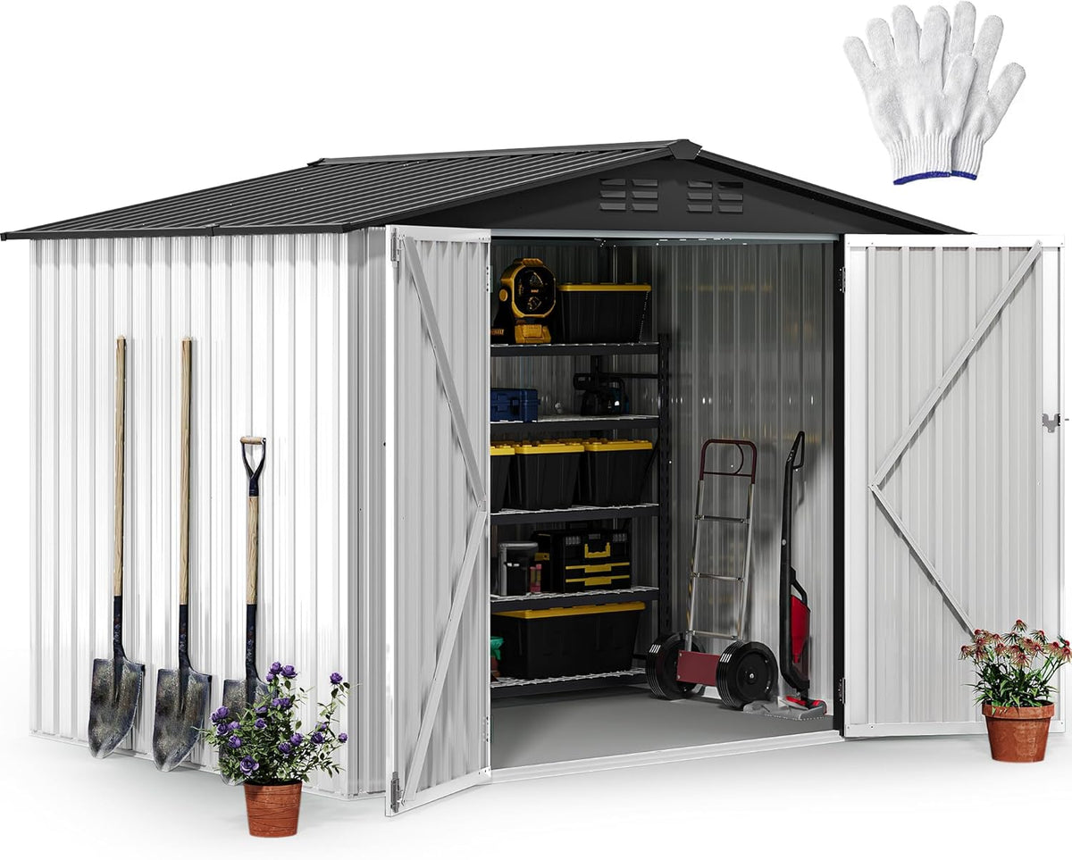 DWVO 8x6ft Metal Outdoor Storage Shed, Waterproof Tool Shed Heavy-Duty Storage Unit with Lockable Door and Vents, Ideal for Bicycles, Tools, Lawnmowers, Backyards, Patios, Lawns - White