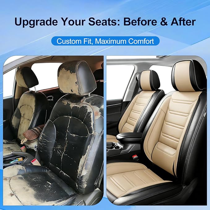 Fit CX-50 Car Seat Covers for Select Mazda CX50 2023-2026, Full Coverage Leather, Airbag Compatible, Luxury Waterproof All Weather Seat Protector, Full Set, Black+Beige