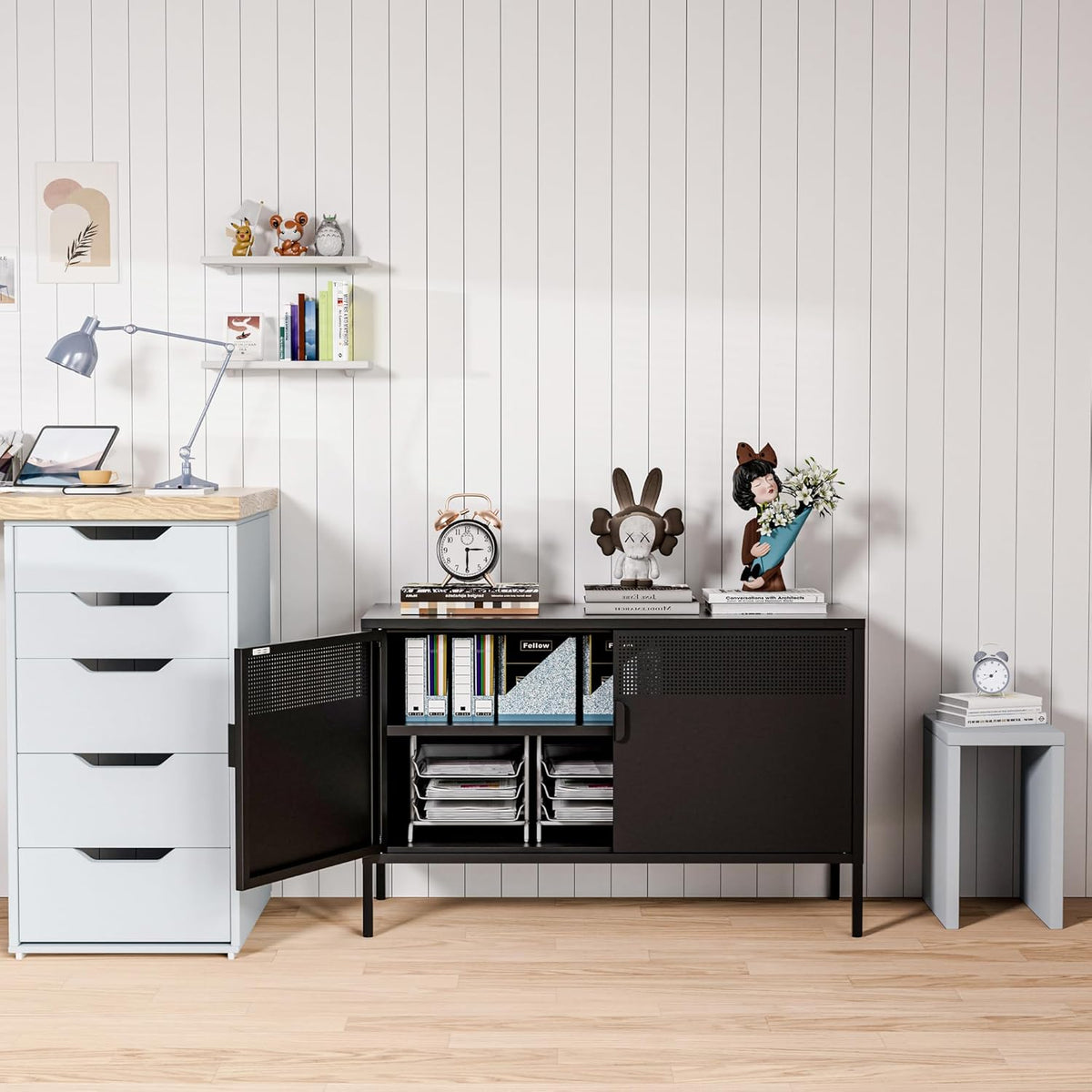 2 Door Storage Sideboard, Metal Storage Cabinet with 2 Adjustable Shelf,Multipurpose Metal Accent Cabinet for Office Home,Music Studio (Black, 25''H)