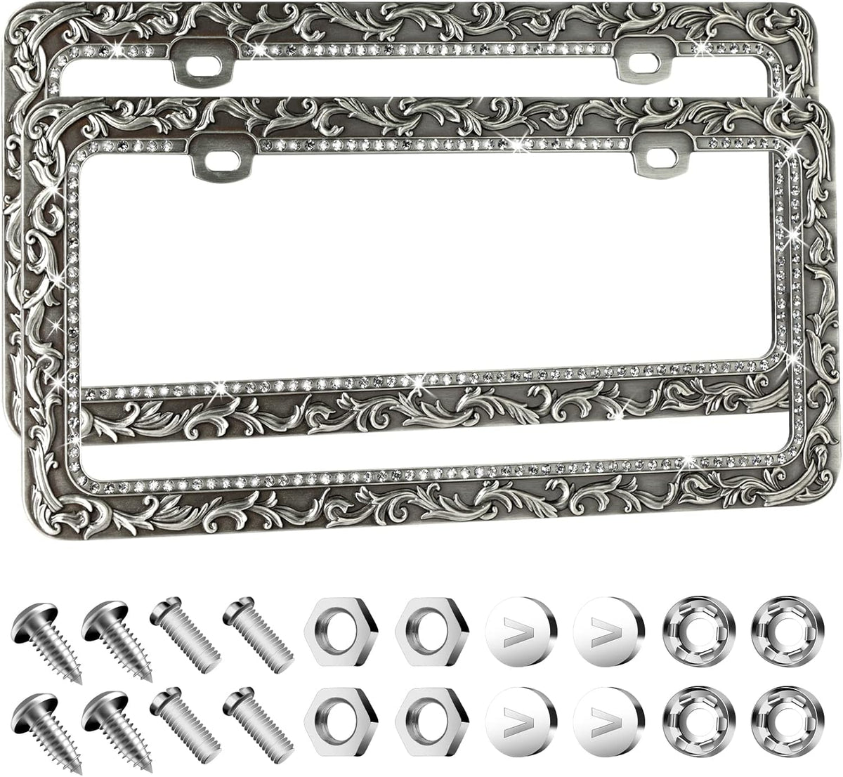 Valor Gel Metal Car License Plate Frames,Antique Old Pattern Printing, Bling Crystal Rhinestones Inlaid,Universal 2 Holes Automotive Replacement Parts Plate Holder(1 Pack)