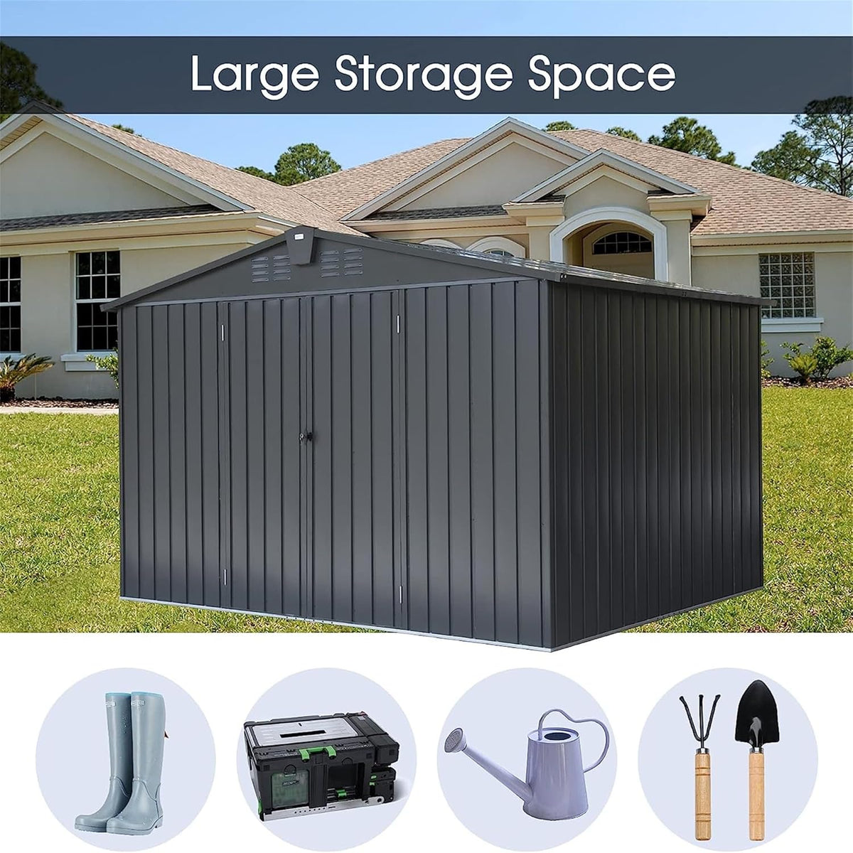 IKERY Galvanized Steel Storage Shed - 10' x 8' with Lockable Door, Extra - Large Metal Garden Shed for Bikes, Tools and Trash Cans, Perfect for Backyard and Patio, Dark Gray