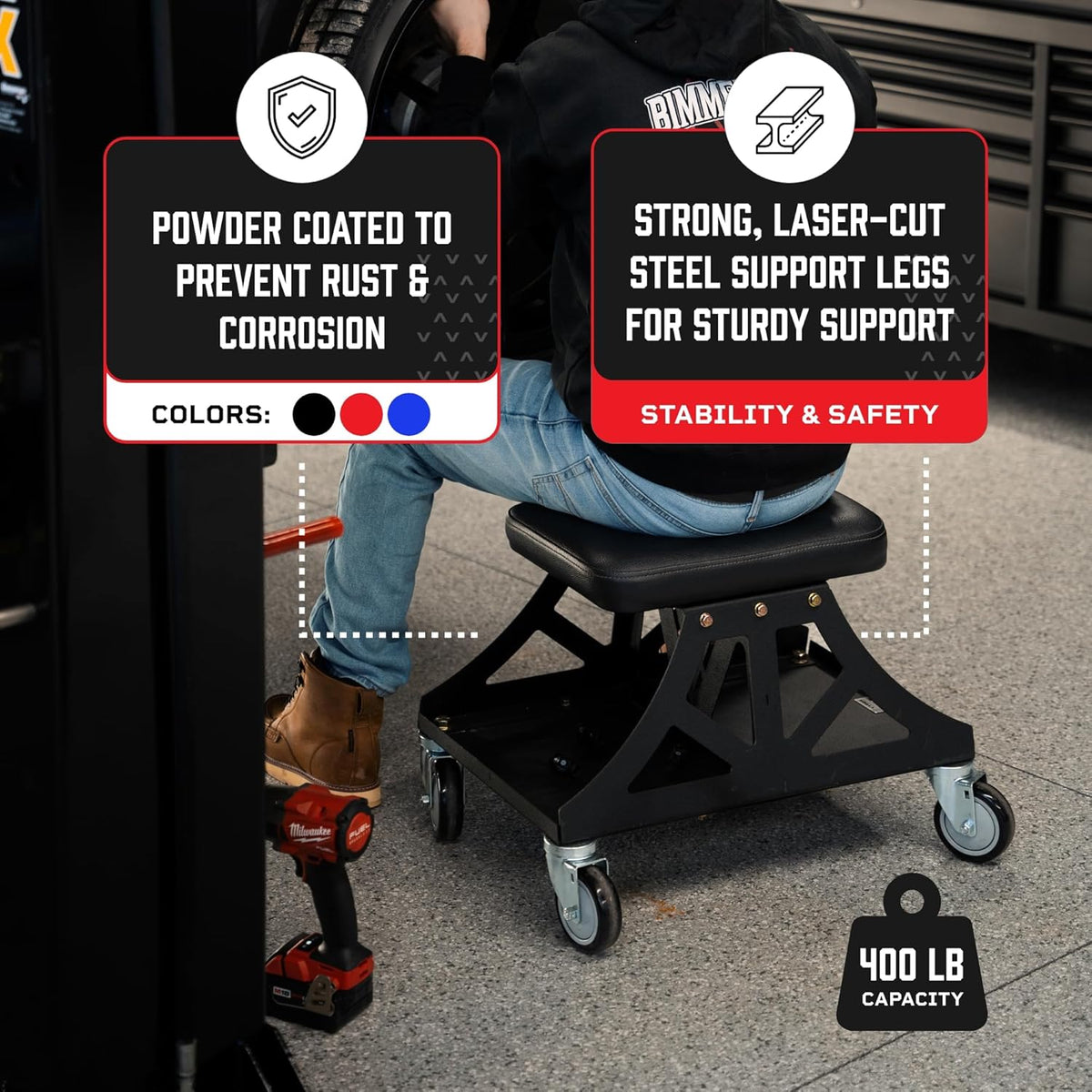 Vyper Low Pro Garage Stool with Removable Seat for Mechanics, Automotive, DIY - 400 lb Capacity Rolling Shop Chair (Black Seat, Red Frame)