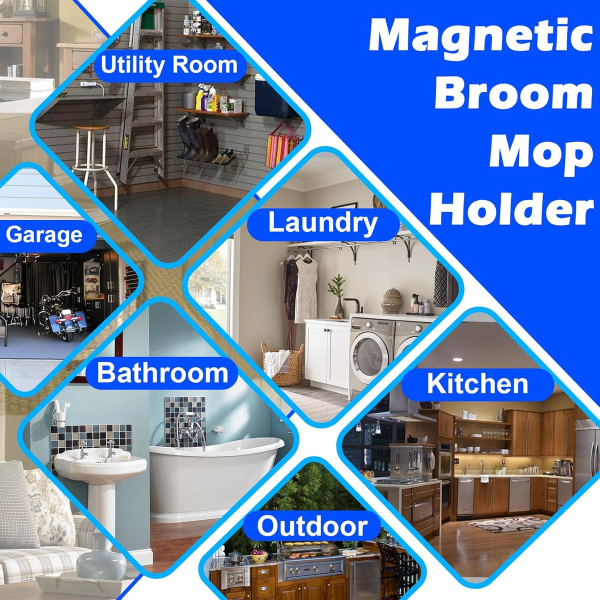 Strong Magnetic Mop Broom Holder, 1 Set Heavy Duty Magnetic Mop Hanger with 4 Hooks, Magnet Tool Hanger Wall Mount Storage Rack Organize System for Refrigerators Workshop Laundry Garage Kitchen