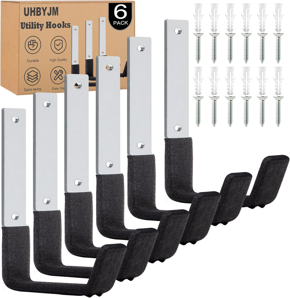 Heavy Duty Utility Hooks, 6 Pack Steel Wall Mounts for Storage, Ladder & Garden Tools (6 Medium)