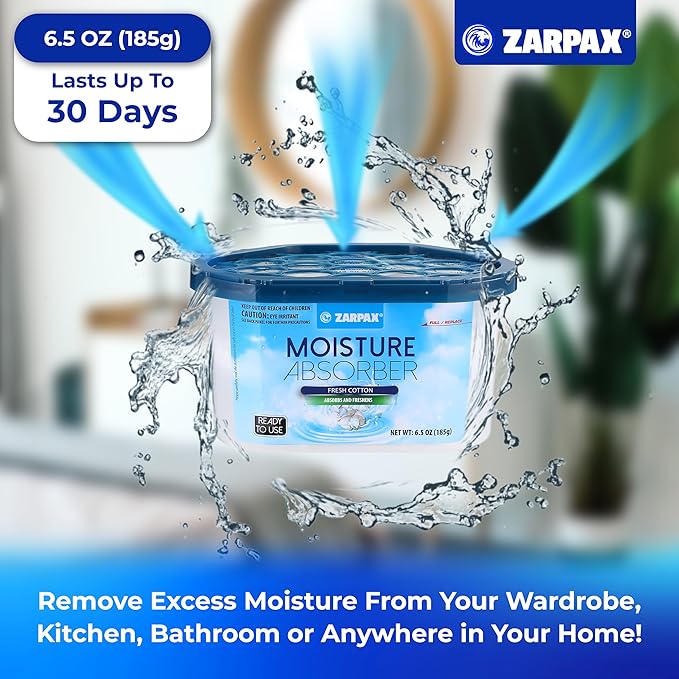 ZARPAX Moisture Absorber Fresh Cotton 6.5 oz/185g | Removes Moisture, Damp & Humidity | Odor Absorber With Fresh Cotton Fragrance | Moisture Trap for Bathroom, Closet, Kitchen | Set of 6