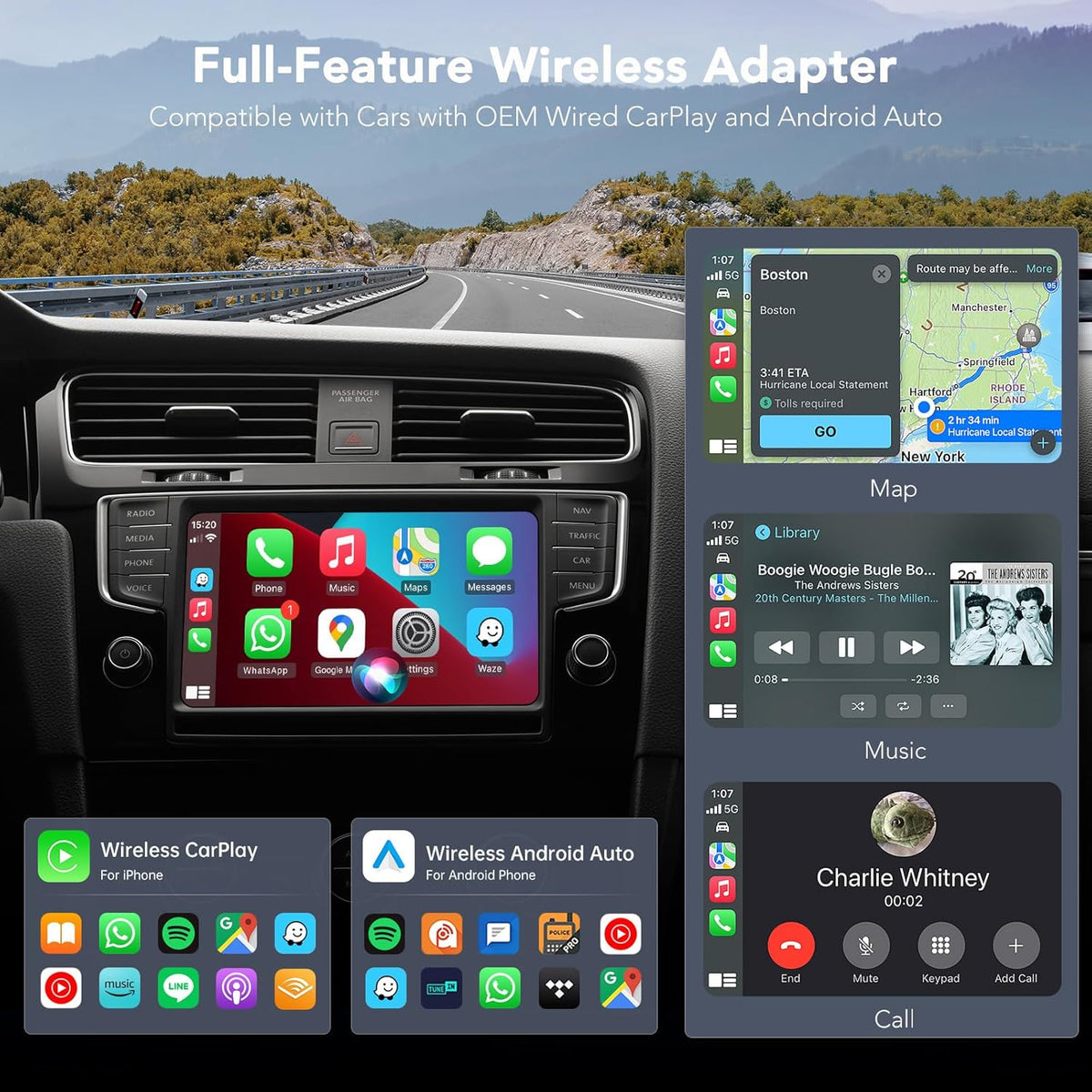Wireless CarPlay Adapter for iPhone, 2025 Carplay Wireless Adapter for Apple & Android Auto (2016+ Models), Compatible with Cars with Factory Wired Carplay, Car Play Dongle with USB/USB-C (Dark Grey)