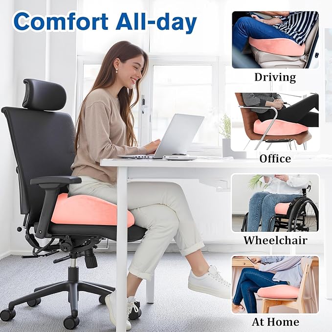 Seat Cushion, Chair Cushions, Office Chair Cushions, Anti-Slip Bottom & Removable Cover Tailbone Pain Relief Cushion, Memory Foam Seat Cushion, 5.28 in Thick (Pink)