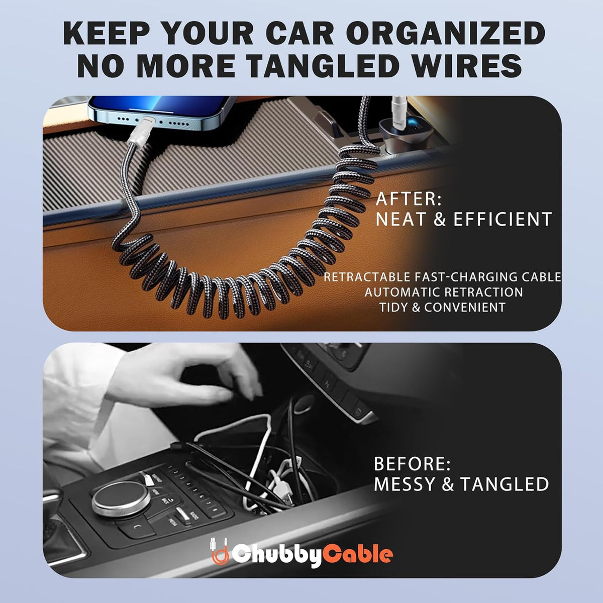 chubbycable Curly Chubby - Retractable Fast Charging Cable 240W Coiled Charger Cord for Car Durable USB-C Cable for Phones, Tablets and More, Black+Black, USB-A to Type-C, 1.3FT-2.3FT