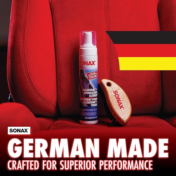 SONAX Upholstery and Alcantara Cleaner (206141), Foaming Alcantara (Synthetic Suede) Cleaning, Dirt and Grime Build-Up Cleaner for Upholstery and Alcantara, 8.45oz, 250 ml