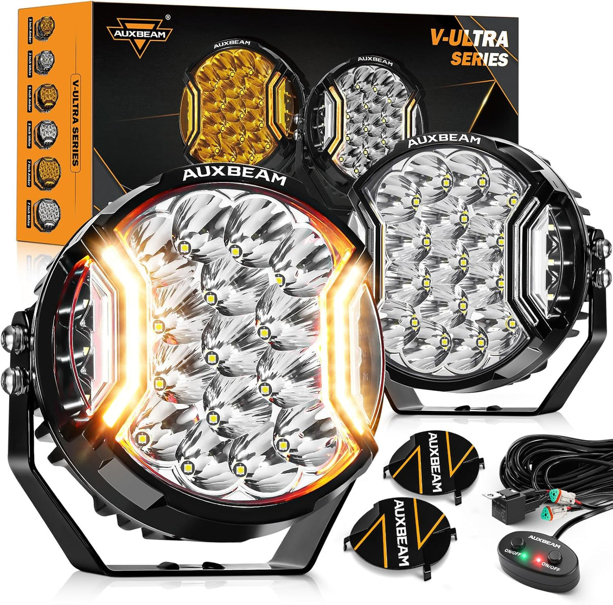 Auxbeam V-Ultra Series 7 Inch Round Off-Road Lights, Amber DRL Light Bar, 270 Degree Side Shooter LED Pods, 226W 26800LM Offroad Driving Lights with Protective Covers, Pair