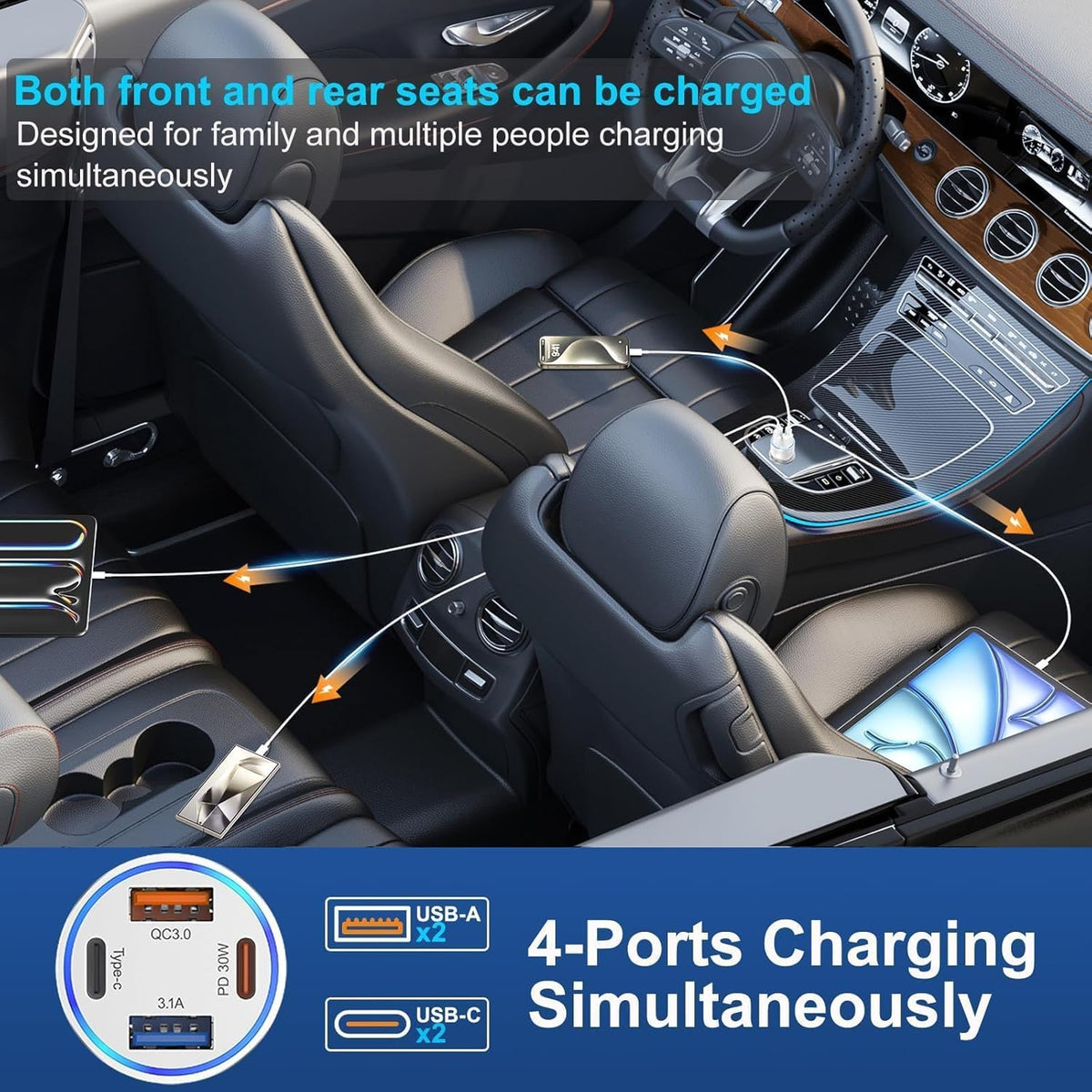 65W Car Phone Charger USB C, 5 Pack 4-Port Cigarette Lighter Adapter, 12V USB C Fast Car Charger Type C Car Adapter, Car Accessories for iPhone 16E 16 15 14 13 12 Pro Max,Galaxy,Pixel,iPad,Android