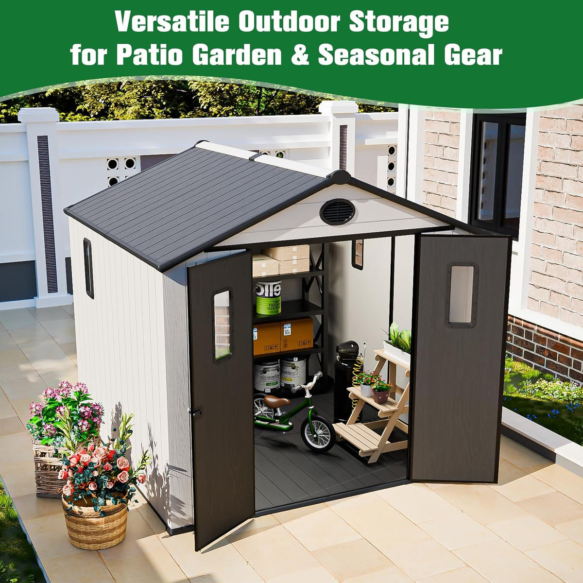 EAGLE PEAK 8x6 Resin Outdoor Storage Shed, Weatherproof Garden Shed with Floor & Lockable Doors, Tool & Equipment Storage for Backyard or Patio, White/Gray