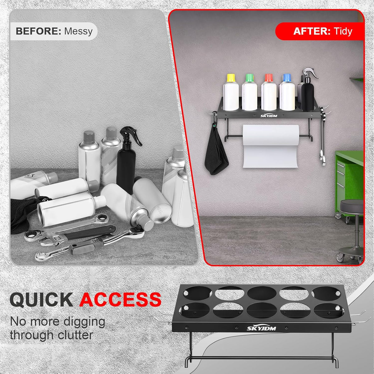 10 Aerosol Spray Can Holder with Paper Towel Holder & 4 Detachable Hooks, Space-Saving Tool Organizer Wall Mount for Garage, Workspace and Tool Room