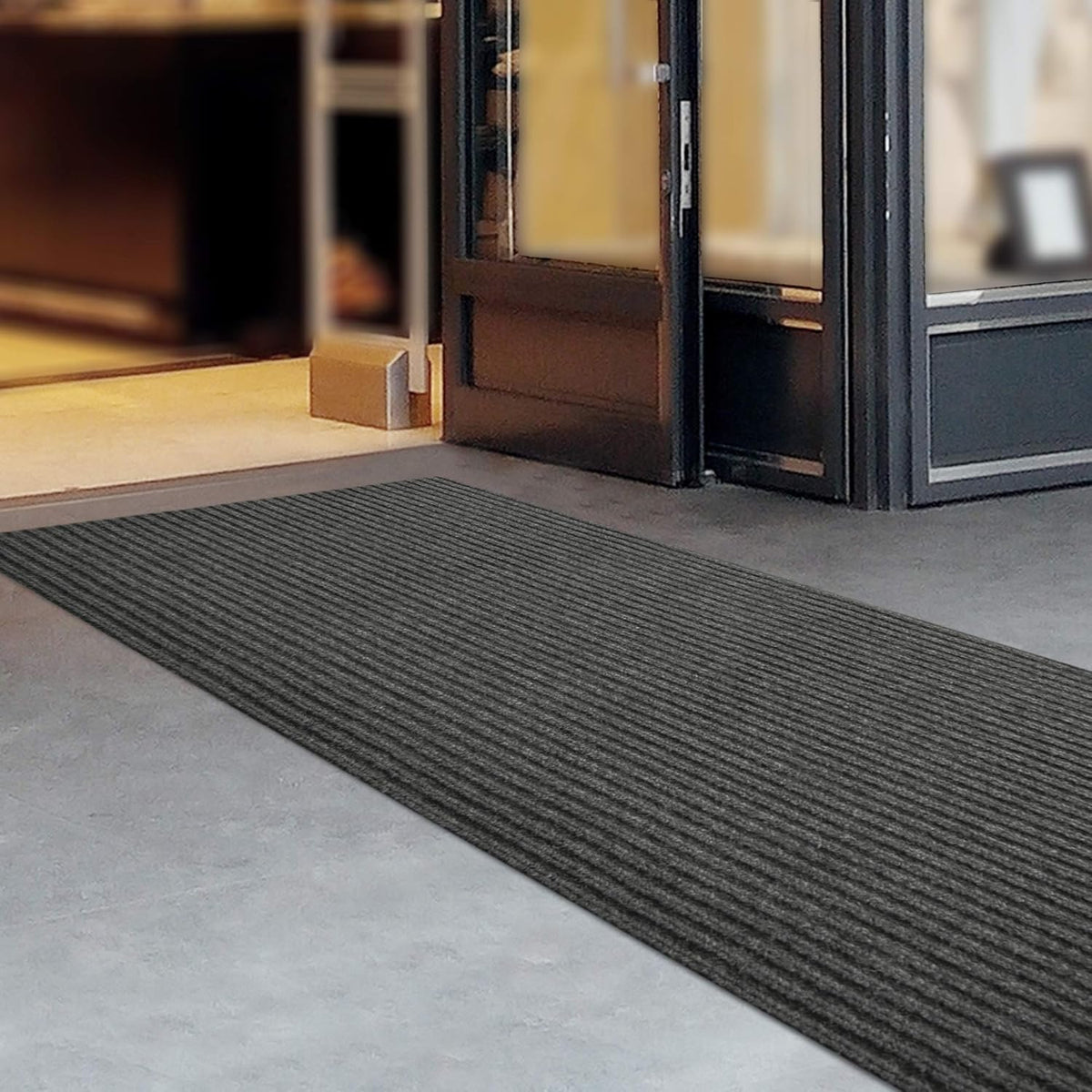 iCustomRug Spartan Weather Warrior Indoor/Outdoor Utility Ribbed Carpet Runner with Non-Slip Thermoplastic Rubber Backing, 3ft X 44ft in Charcoal