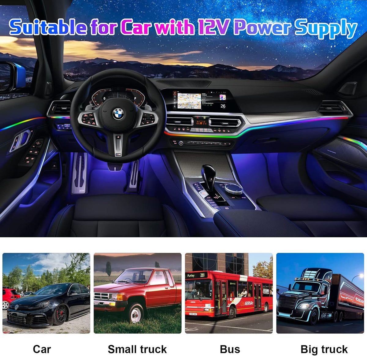 Acrylic Interior Car LED Strip Light RGB Dreamcolor 10 in1 with Wireless APP, 175 inches 593 LED 16 Million Color Fiber Optic Automotive Ambient Light Kits Music Sync Sound Activated Car Neon Lights