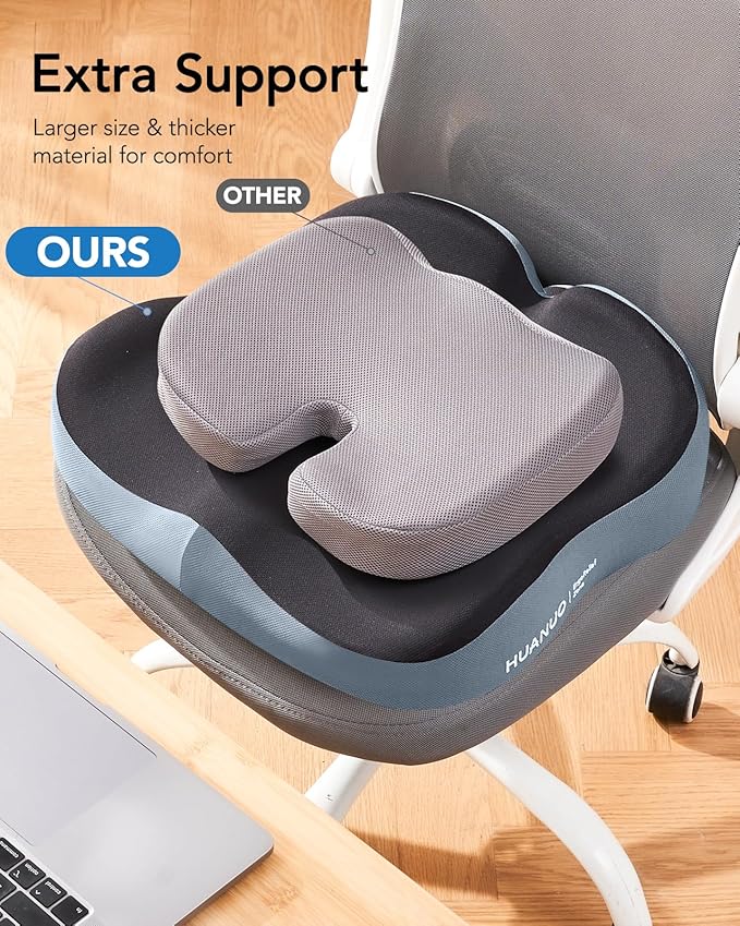 HUANUO Office Seat Cushion for Tailbone Support, High-Density Memory Foam Cushion, Breathable Coccyx Cushion, Non-Slip Bottom for Sciatica Relief, Perfect for Office, Car, and Wheelchair