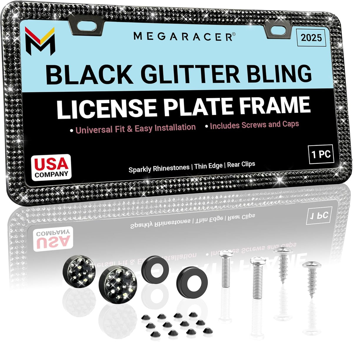 Elegant Bling License Plate Frame for Women - 1 Pack, 800 Premium Black Rhinestones, Rust-Free Stainless Steel, Street Legal Slim Design, Sparkly Diamond Car Tag Holder with Glitter Crystal Covers