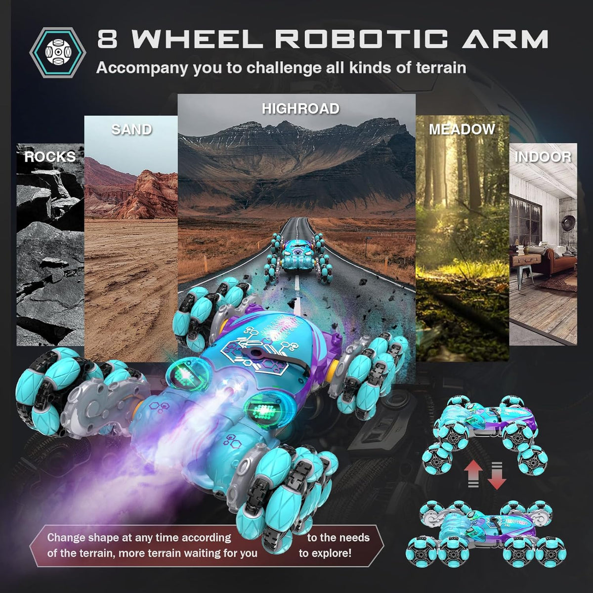 8WD Gesture Sensing RC Stunt Car, Boys Toys with Spray & Light, Hand Controlled RC Car Toys Gift for Kids Boys Age 8-12