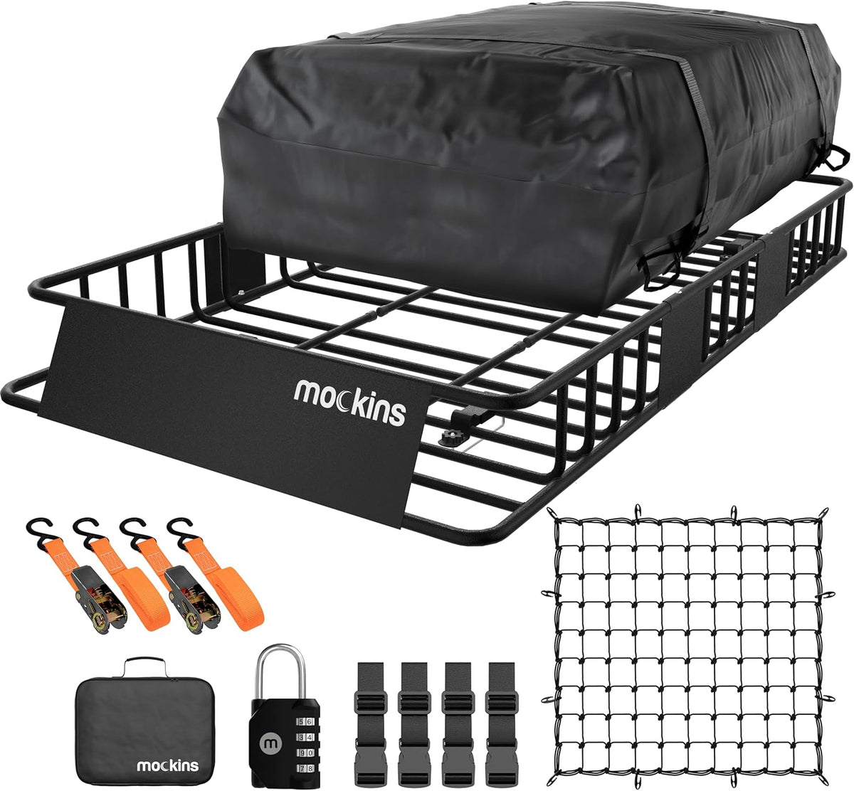 Mockins 64"x39"x6" Extendable Heavy Duty Roof Rack Basket w/ 16 CuFt Waterproof Cargo Bag for Top of Car | 250Lbs Cap All Weather Rooftop Cargo Carrier for Top of Vehicle & Car Top Carrier Accessories