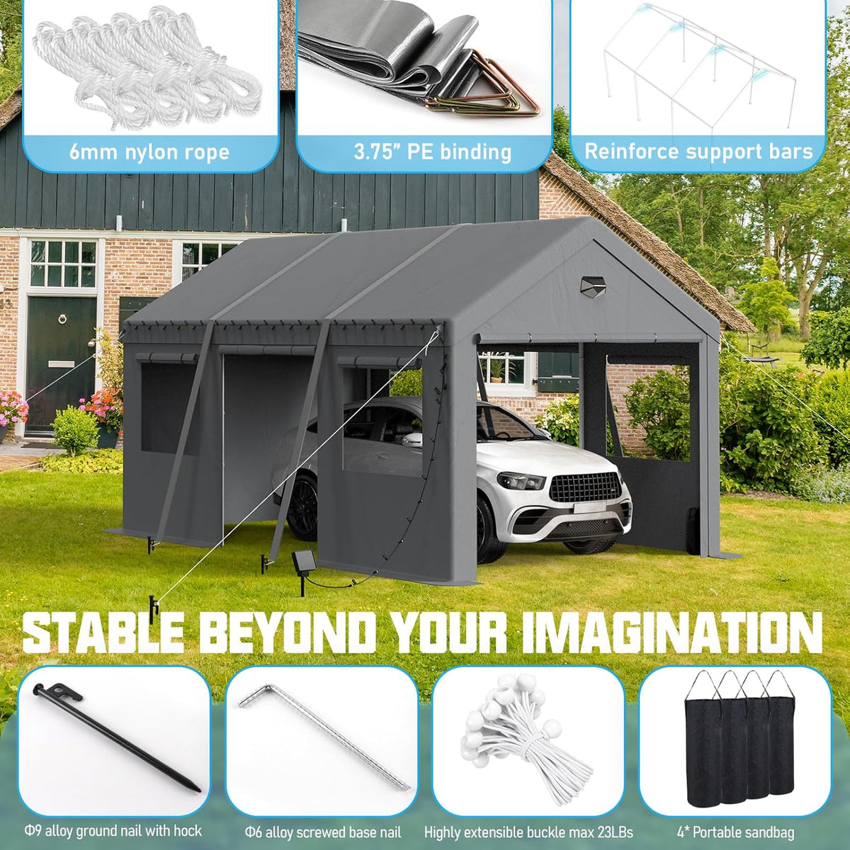 10x16 Carport, Heavy Duty Carport Canopy Garage with Removable Sidewalls and Drive Through Roll Up Zipper Doors & Side Doors, Grey