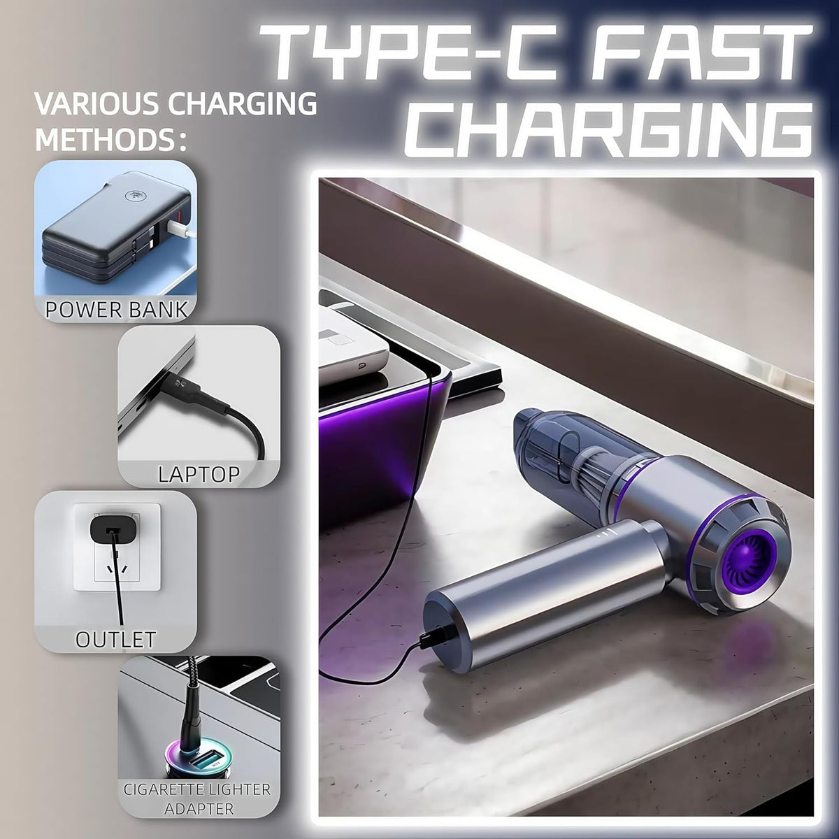Handheld Car Vacuum Cleaner, 21000PA Rechargeable High Power Cordless Mini Vacuum Cleaner and Blower 4-in-1 with 3 Gear, Vacuum with Brushless Motor for Car, Home, Office, PC