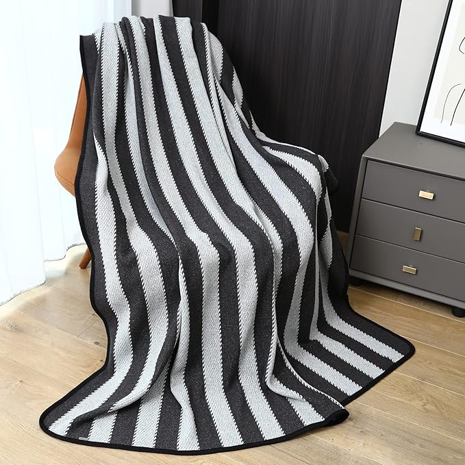 PuTian Merino Wool Blanket - 63" x 51" Thick Warm Soft Twin Bed Throw - Great for Camping, Outdoors, Travel, Car, Couch, All Seasons Grey Stripe