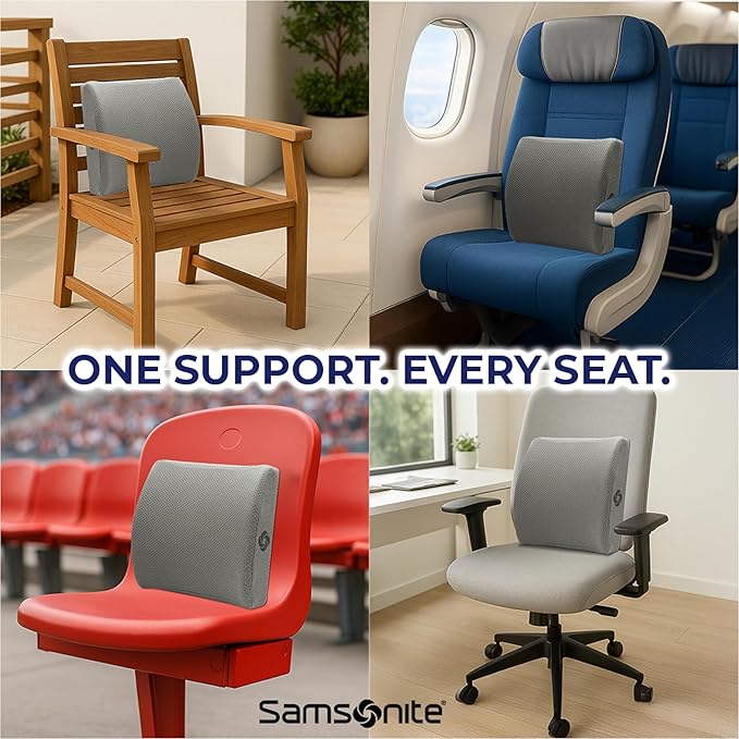 Samsonite Ergonomic Lumbar Pillow for Office Chair and Car Seat - Memory Foam Back Support Lumbar Pillow, Premium Cushion Chair Support for Lower Back Pain Relief and Versatile Use (Grey)