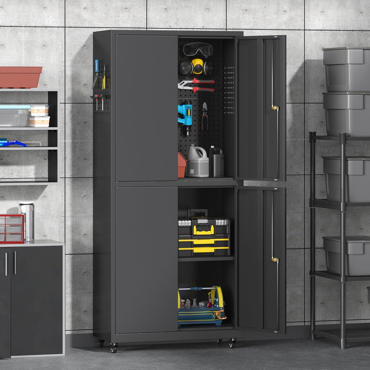 71" H Metal Tool Storage Cabinet with Lock and Wheels, Heavy Duty Garage Cabinet with 4 Doors and 2 Adjustable Shelves, Tool Organizer with Pegboard for Garage, Warehouse(Black, 71" H)