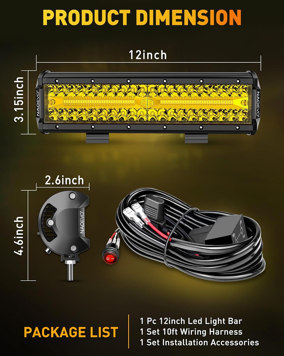 NAOEVO 12 Inch LED Light Bar, 300W 30000LM LED Offroad/Driving/Fog Lights with Wiring Harness Kit, Spot Flood Work Lights for Truck UTV ATV Golf Cart Boat, 1 Pc (Yellow)
