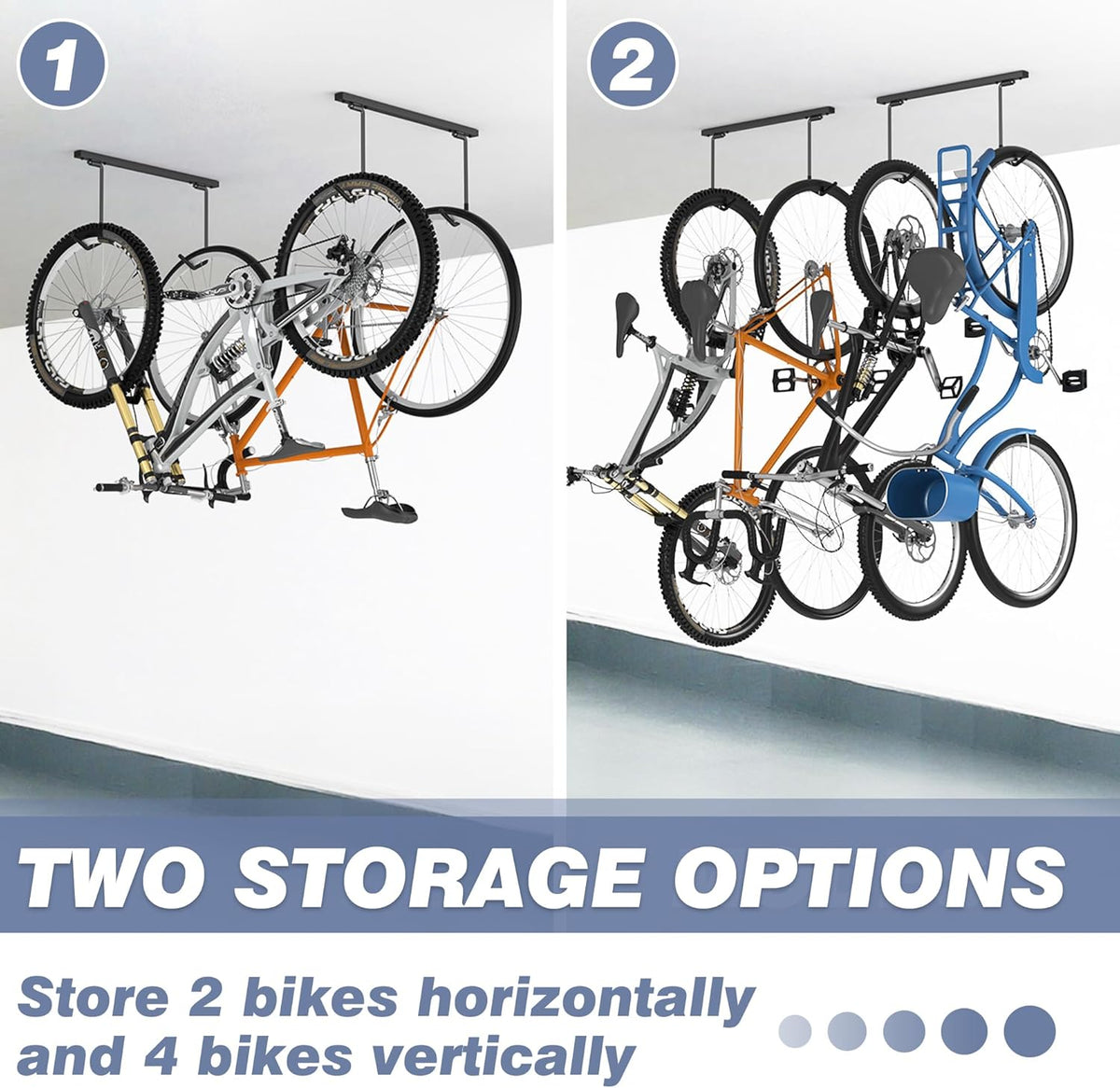 WALMANN Ceiling Mounted Bike Rack for Garage, Space-Saving Ceiling Bike Storage for 2 Bikes(Horizontally)/4 Bikes(Vertically), Adjustable Bike Hooks for Road Mountain Bikes