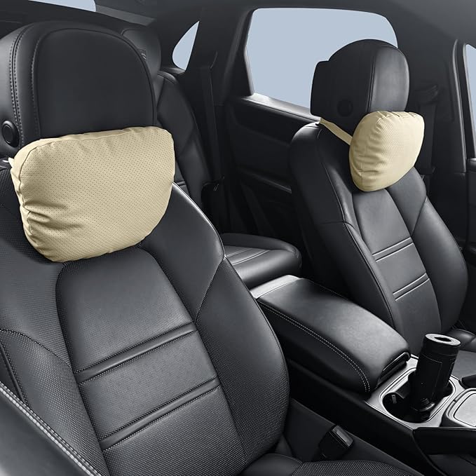 Car Neck Pillow, 2 Pack PU Leather Car Headrest Pillows with Adjustable Strips, Car Neck Support Ergonomic Du-Pont Bio Cotton Pillow, Head Rest Travel Pillow for Car (Beige, Soft Style)