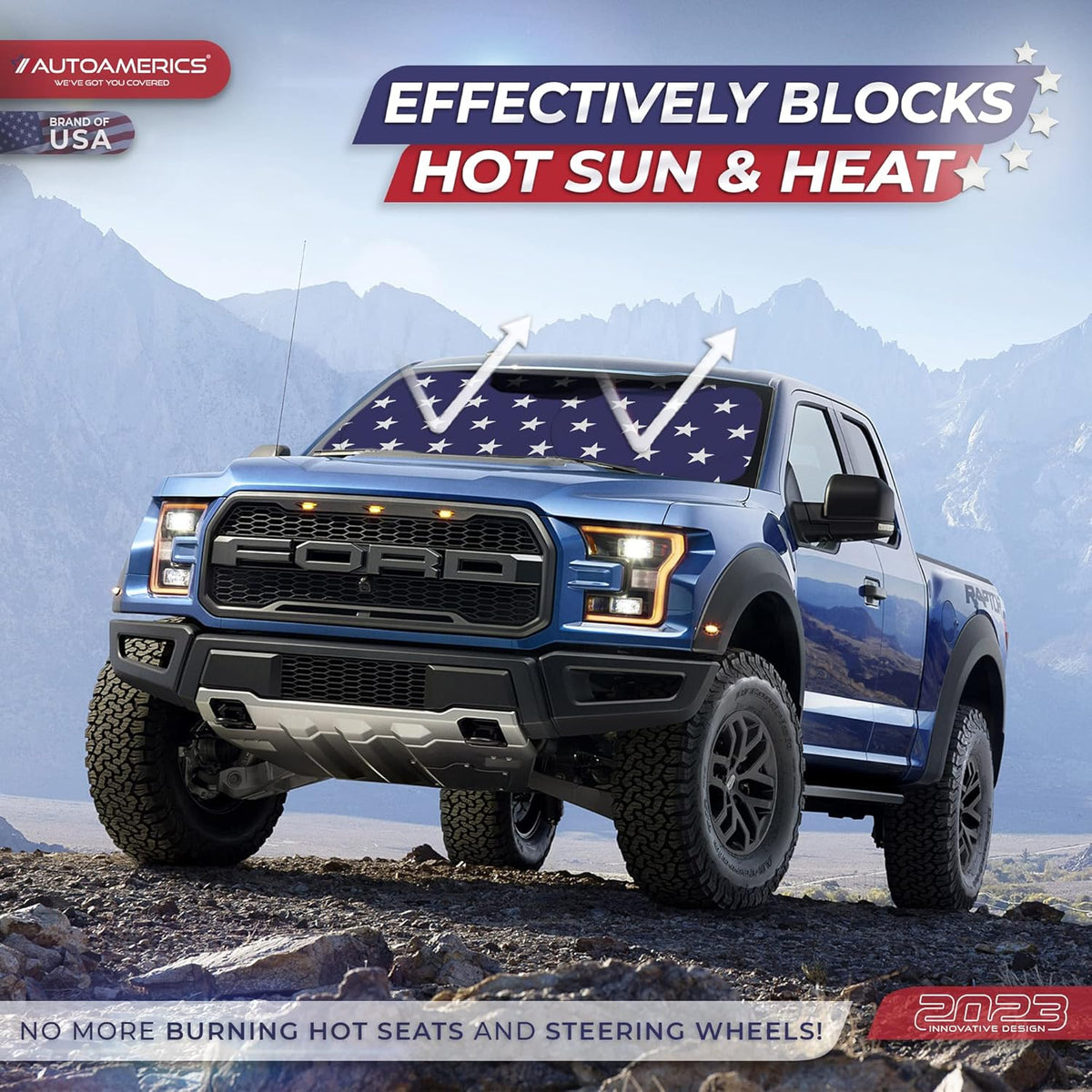 Autoamerics 1-Piece Windshield Sun Shade American Stars Flag USA Patriotic Design - Foldable Car Front Window Sunshade for Sedans SUV Truck - Blocks Max UV Rays and Keeps Your Vehicle Cool - Large