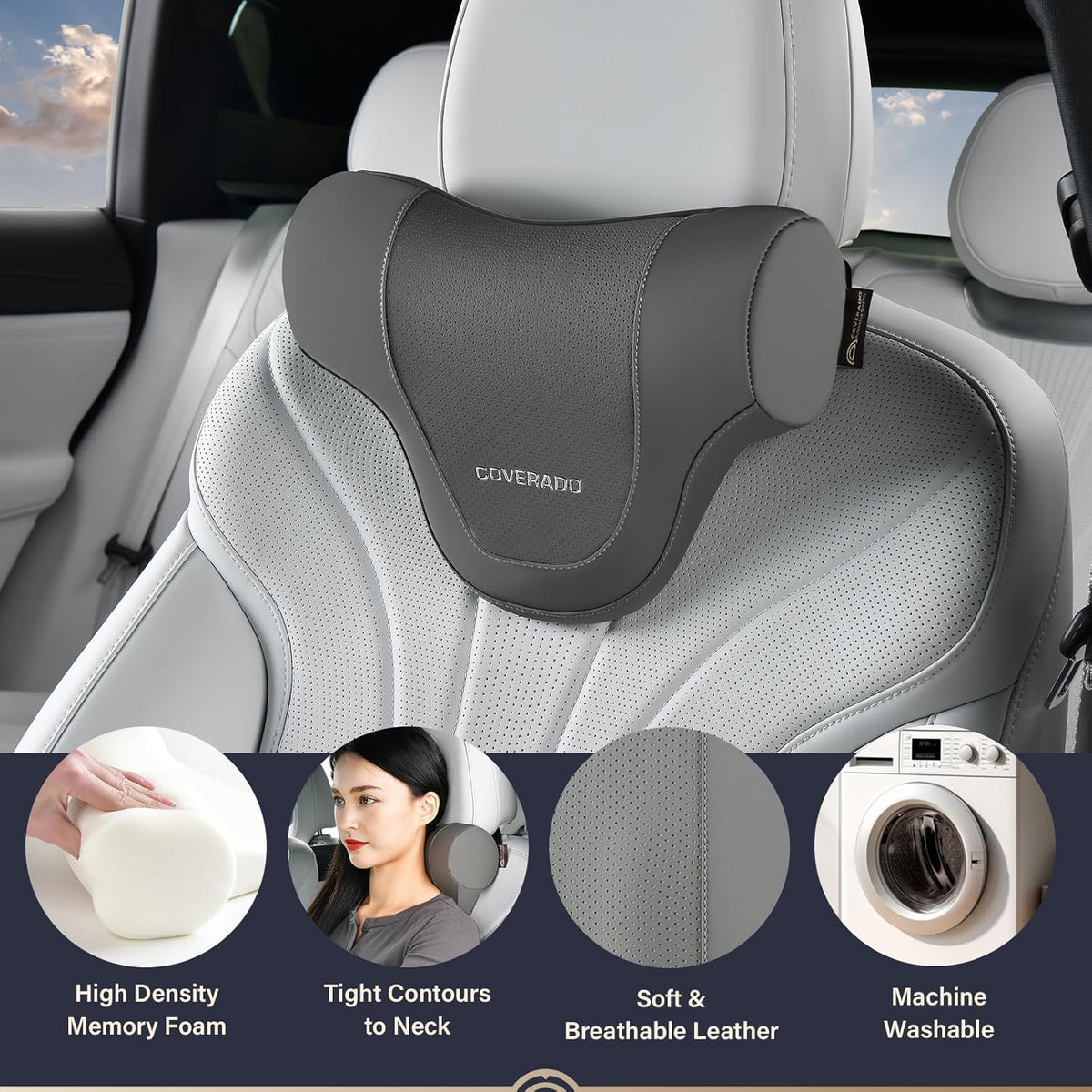 Coverado Car Headrest Pillow, Ergonomic Memory Foam Car Neck Pillow for Driving Seat with Adjustable Strap, Soft PU Leather Breathable Removable Cover Neck Support for Neck Pain Relief - Gray