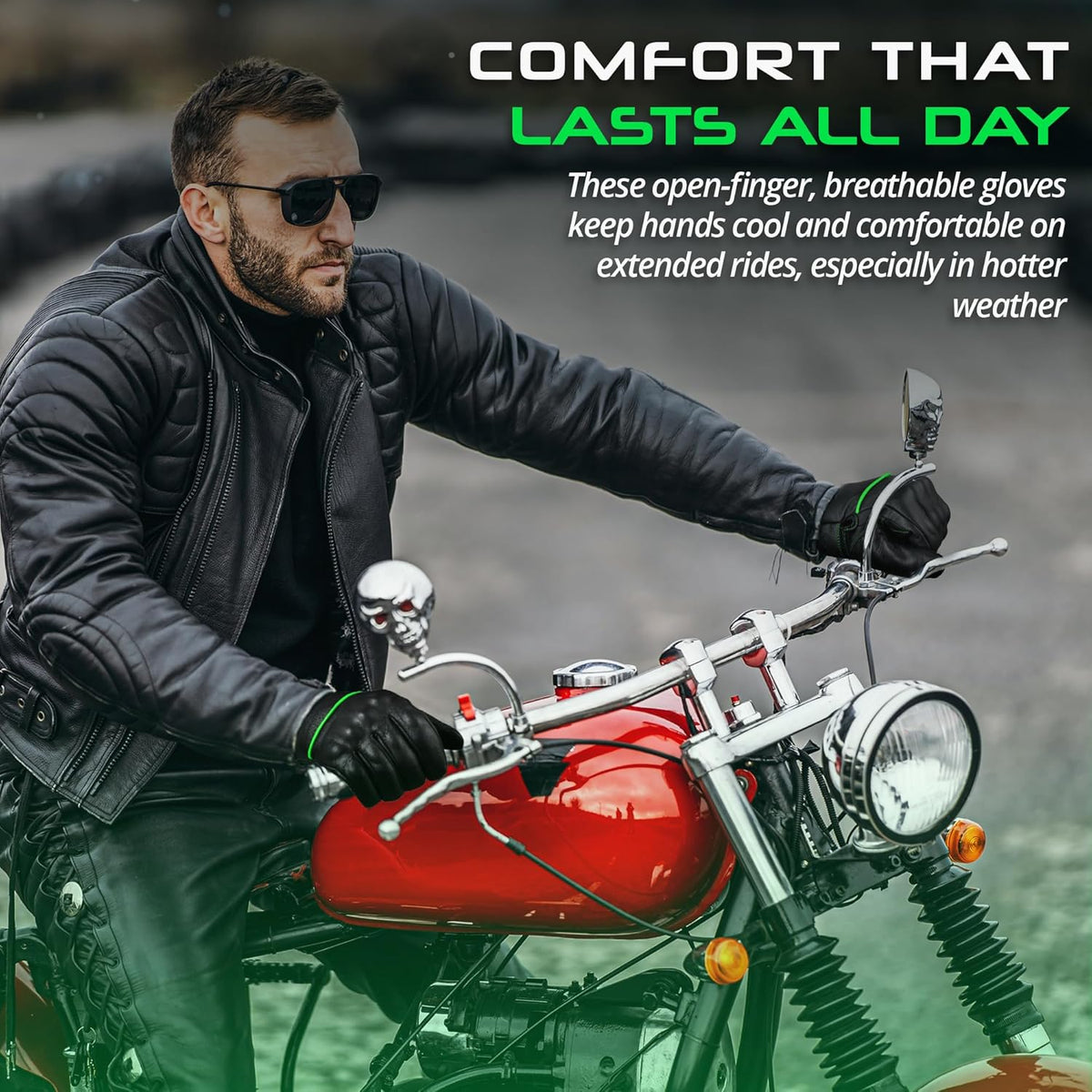 aasportx Motorcycle Gloves - Men's Leather Motorbike Gloves with Touchscreen Function - Non-Slip Pads for Men & Women