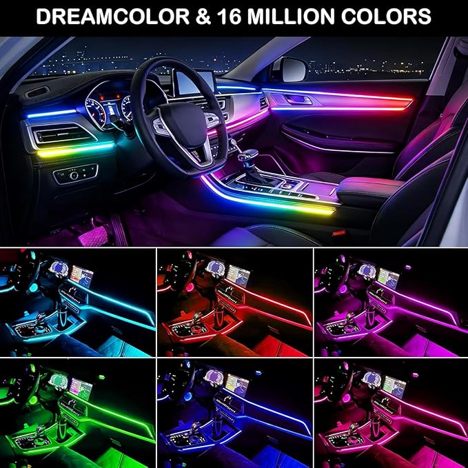 Interior Car LED Strip Lights,Acrylic LED Lights for Car with Dynamic Dreamcolor Chasing,43.3in USB RGB Neon Strip Fiber Optic LED Ambient Lighting Kits with Remote APP,for Inside car Decorations