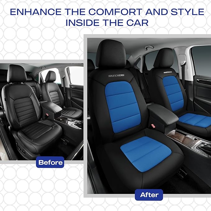 Skechers Memory Foam Car Seat Covers,Thick Cool Touch Fabric Seat Covers,Front Seat Cover Airbag Compatible,Automotive Comfort Protection for Most Cars,Vans,Trucks,SUV,Blue
