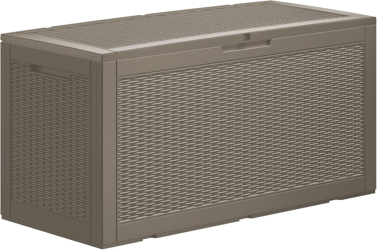 100 Gallon Resin Deck Box, Waterproof Outdoor Storage Bin for Patio Furniture, Pool Accessories, and Garden Tools, Lockable & UV-Resistant, Grey