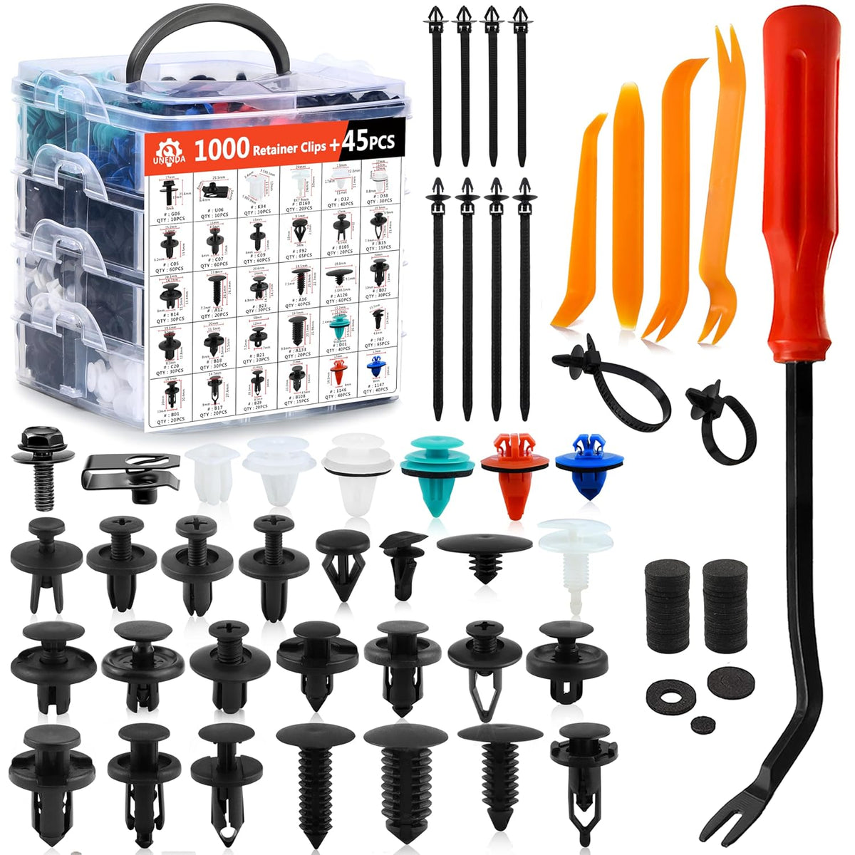 Ford GM Toyota Honda Chrysler Nissan Car Push Retainer Clips 1045pcs with 30 Popular Push Pins for Auto Parts Sizes - Includes 10 Cable Ties and Red Fastener Remover