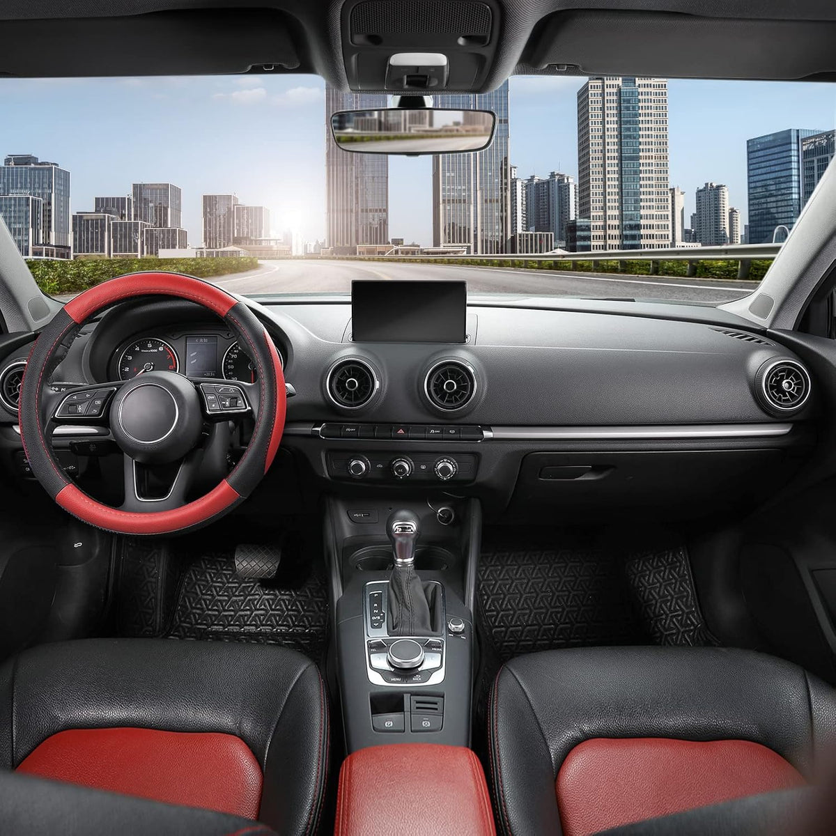 SEG Direct Car Steering Wheel Cover Universal Standard Size 14.5-15 inch, Black and Red Microfiber Leather