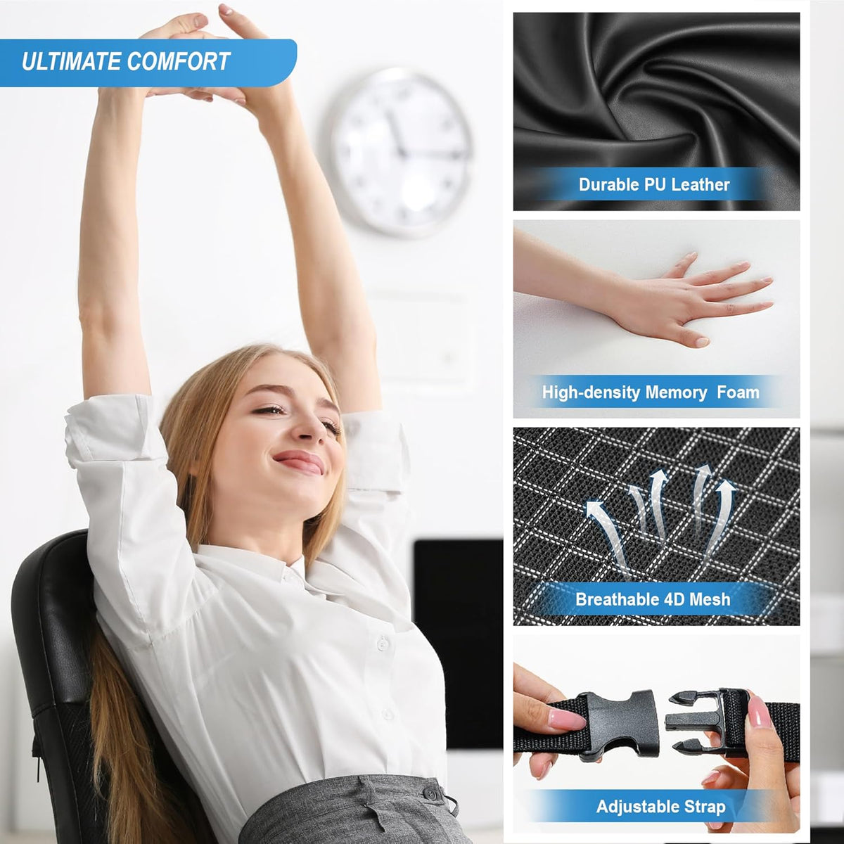 Memory Foam Lumbar Cushion Provides Lower Back Pain Relief and Comfortable Support for Driving, Chair Support for Car-Office Chair, Wheelchair - Sleek Black