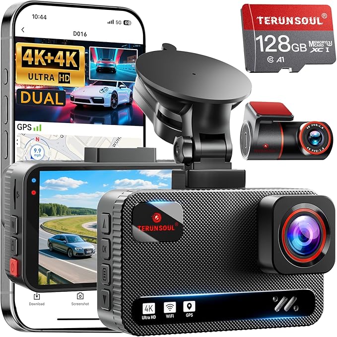 4K+4K Dash Cam Front and Rear, Free 128GB Card Included, 5.8GHz WiFi Dash Camera for Cars, Built-in GPS, G-Sensor, 170°Wide Angle, 3" IPS Screen, 24H Parking Mode, Support 512GB Max